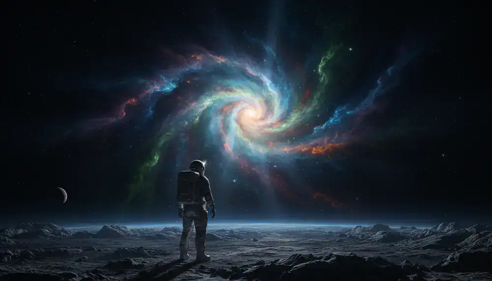 Astronaut looking at a glowing nebula